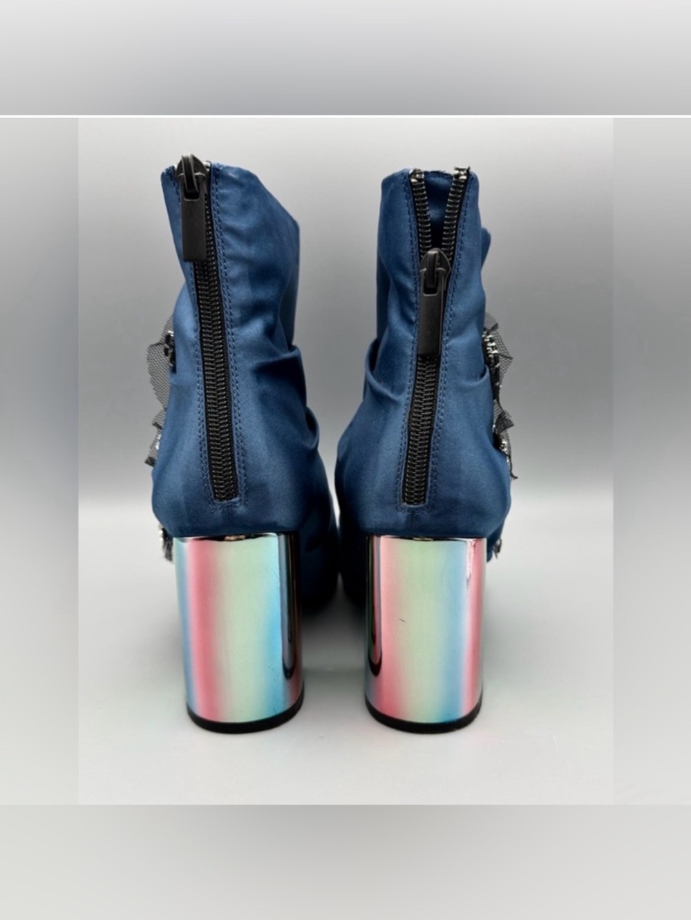 Zara Blue Satin Ankle Boots Rhinestone Applique 3” Heel EU 39 - Picture 2 of 7
